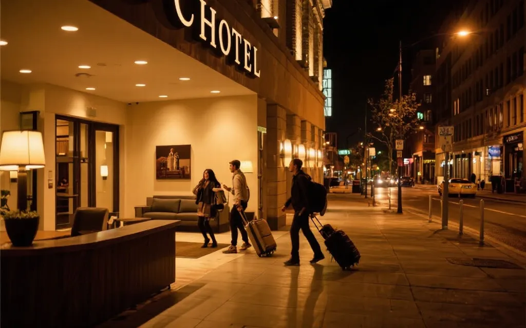 城市街区夜景与酒店大堂氛围，旅行者与行李，温暖灯光