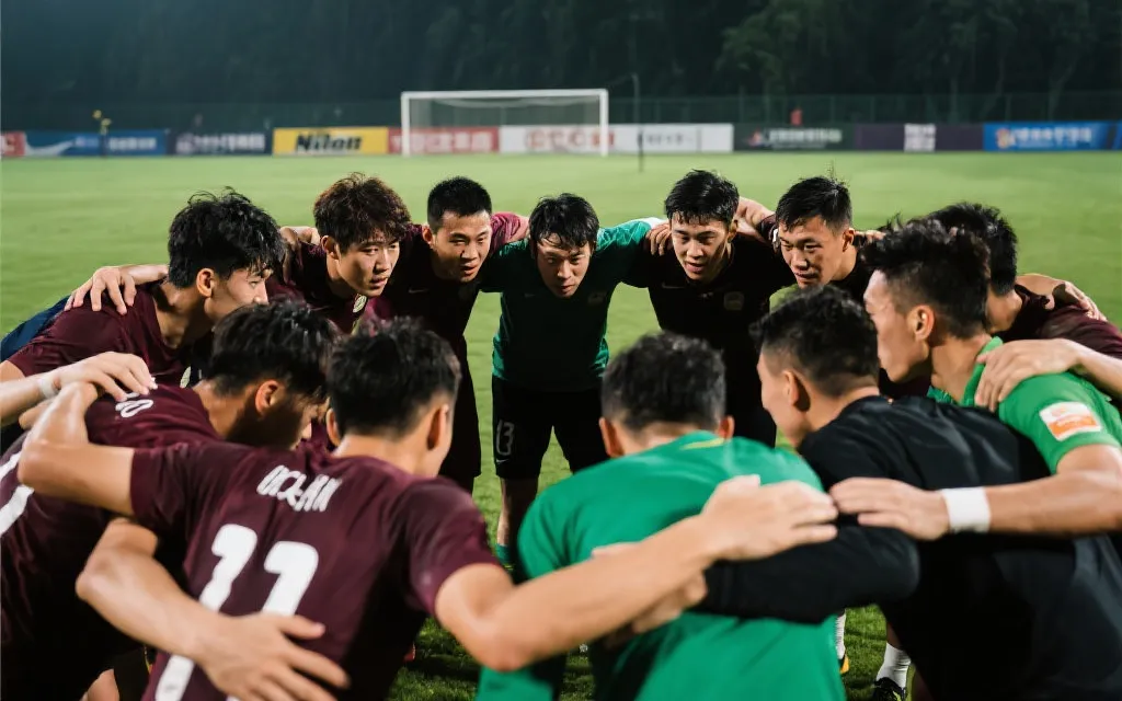 球员在点球大战前围成一圈互相鼓励的瞬间，电影感光影