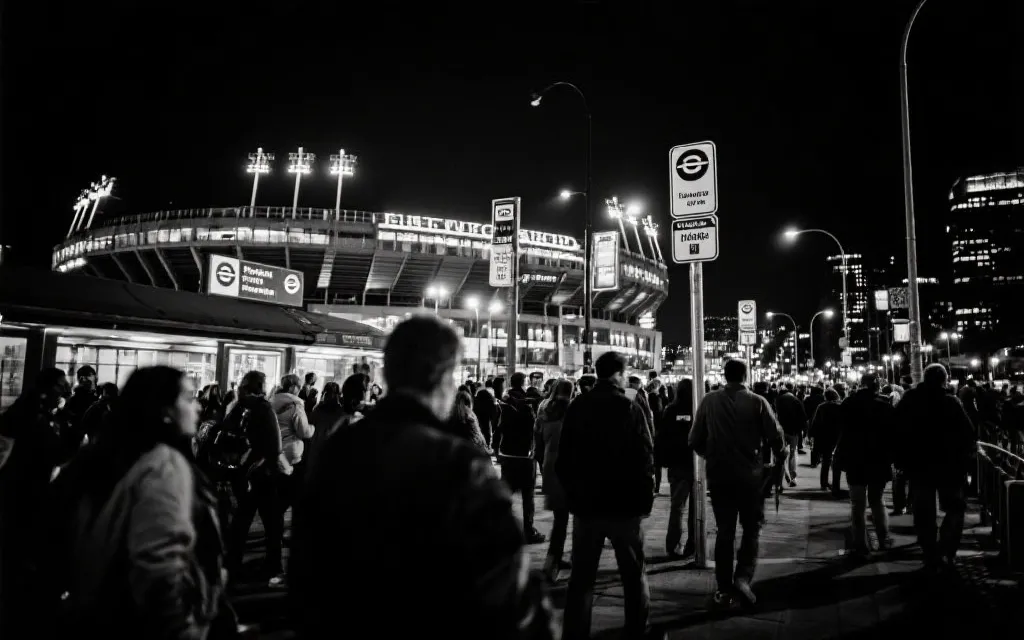夜间散场的人潮与城市公共交通指引的旅行视觉